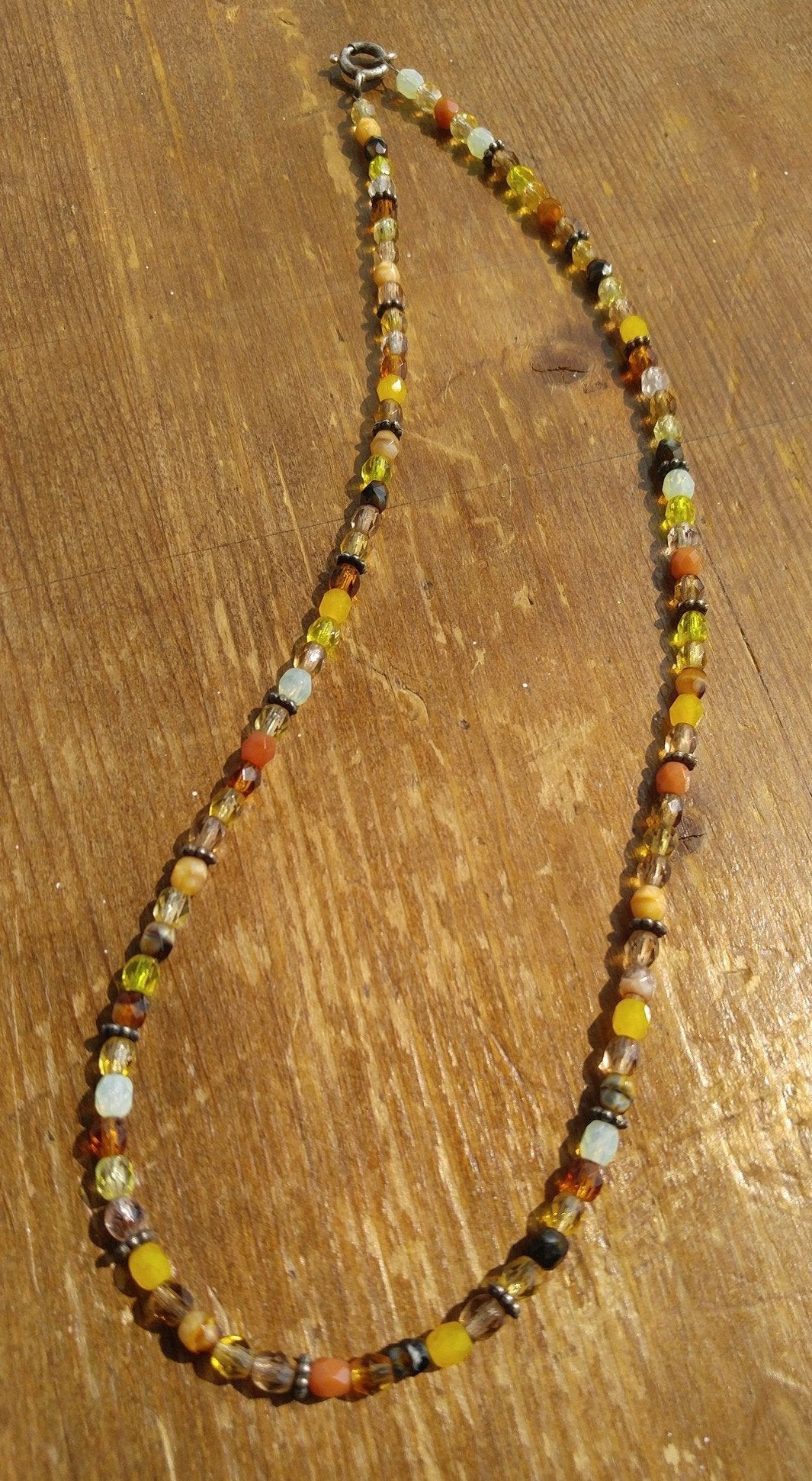 Shades of Gold and Brown Czech Glass Necklace with Sterling Silver Bali Beads