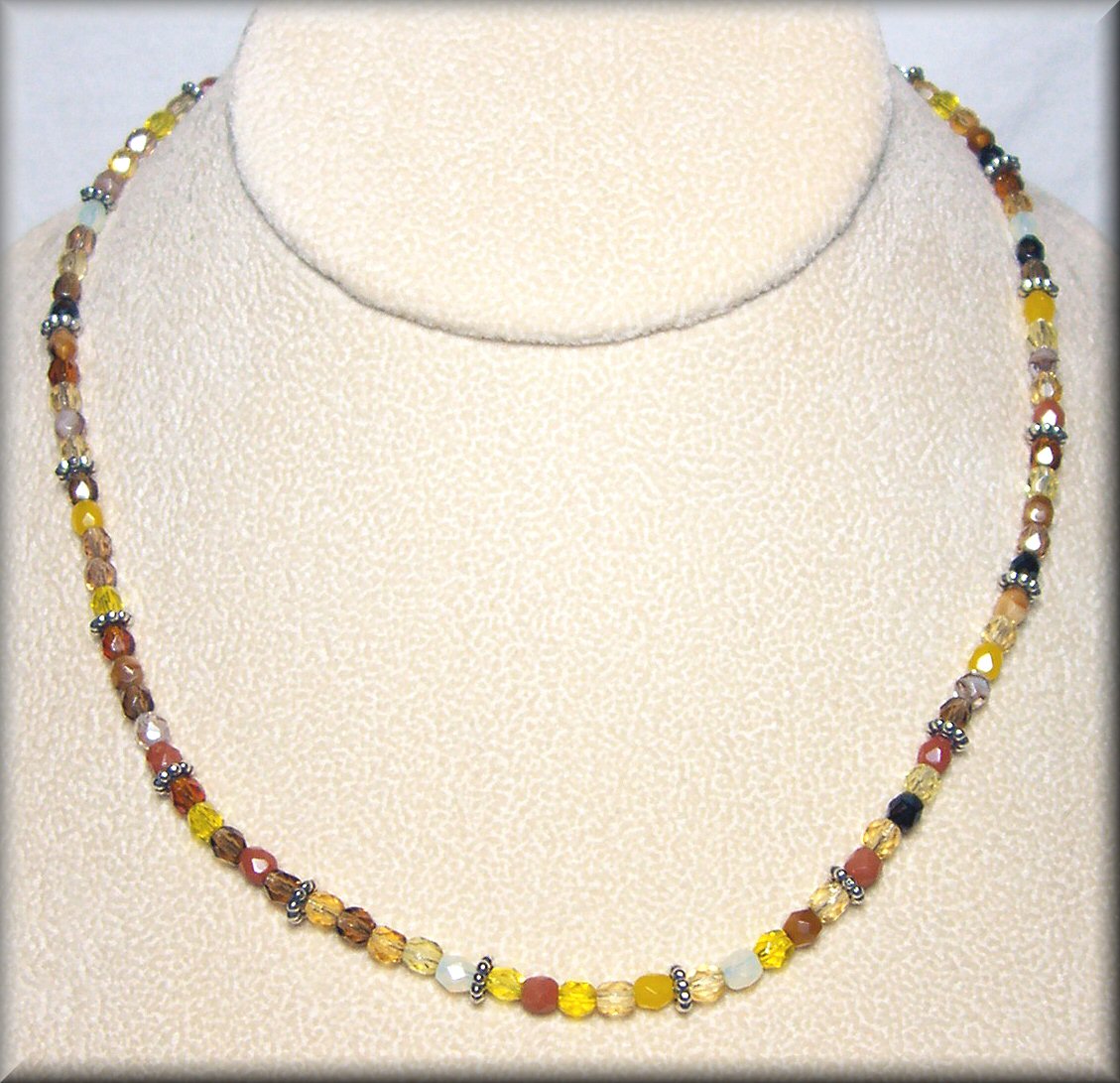Shades of Gold and Brown Czech Glass Necklace with Sterling Silver Bali Beads