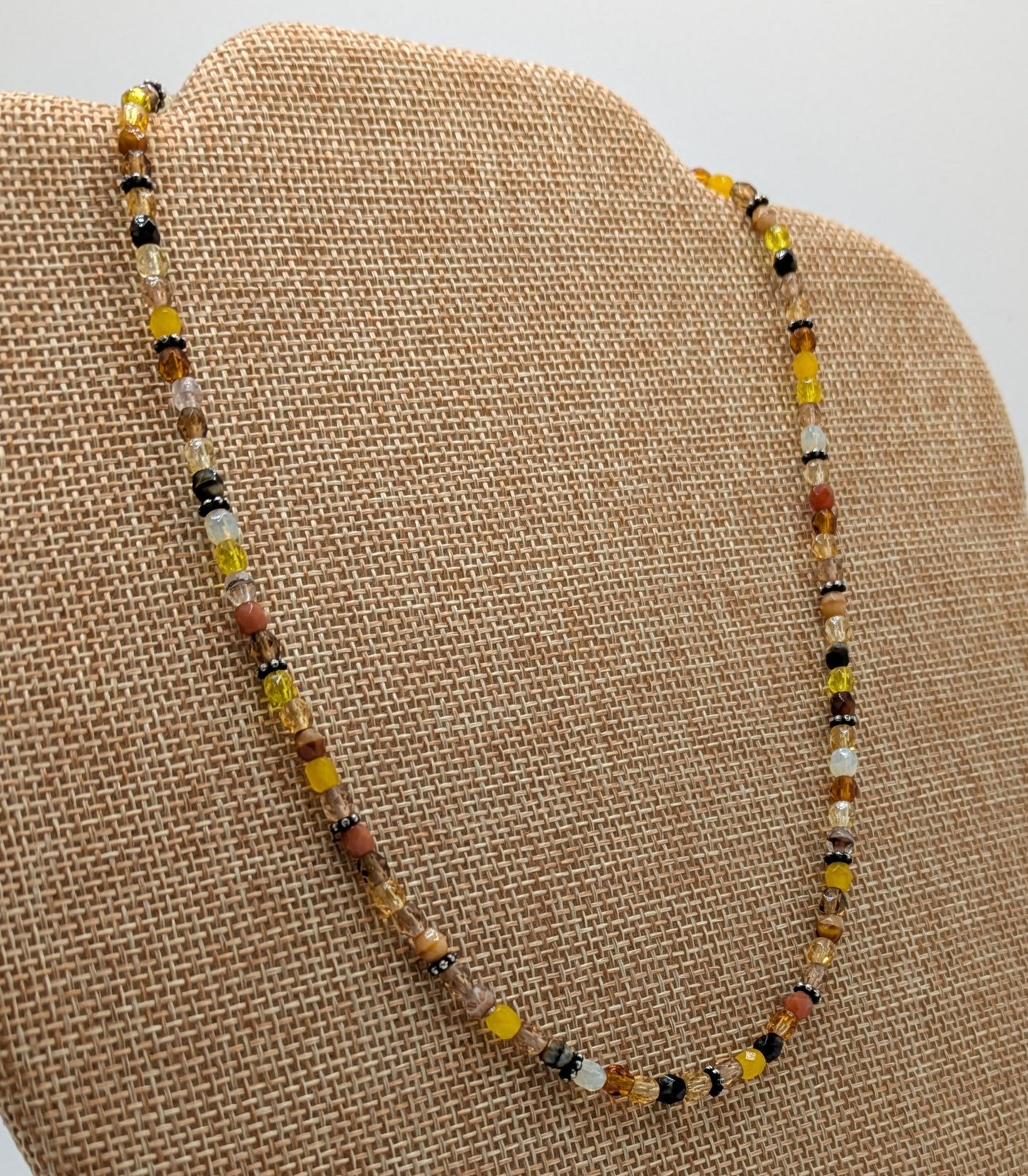 Shades of Gold and Brown Czech Glass Necklace with Sterling Silver Bali Beads