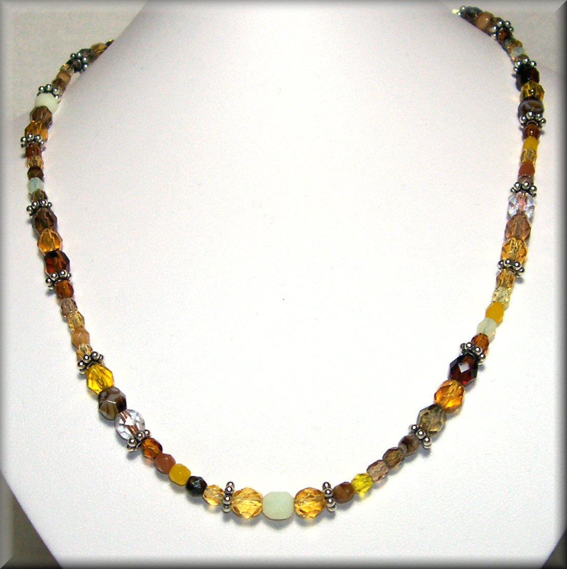 Shades of Gold and Yellow Czech Glass Necklace with Sterling Silver Bali Beads
