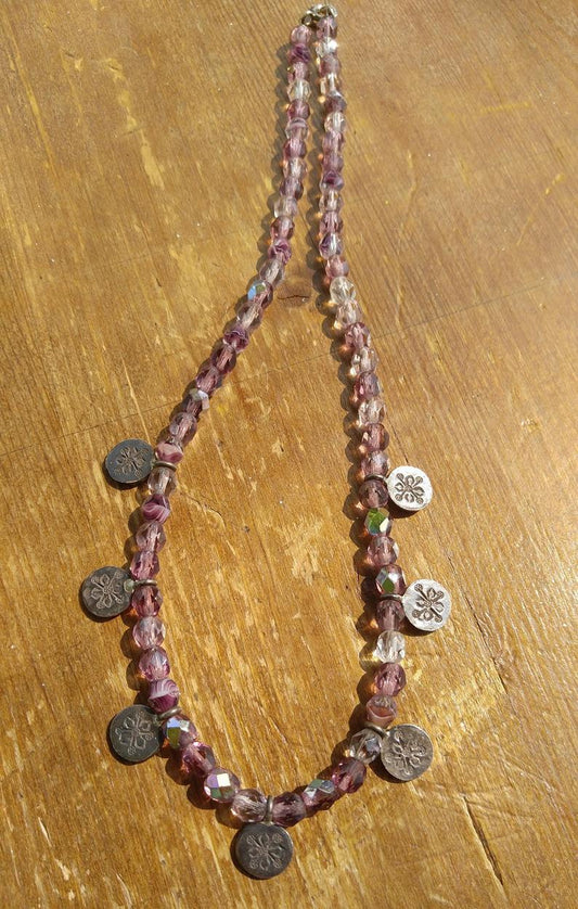 Shades of Purple Czech Glass Necklace with Sterling Silver Medallions