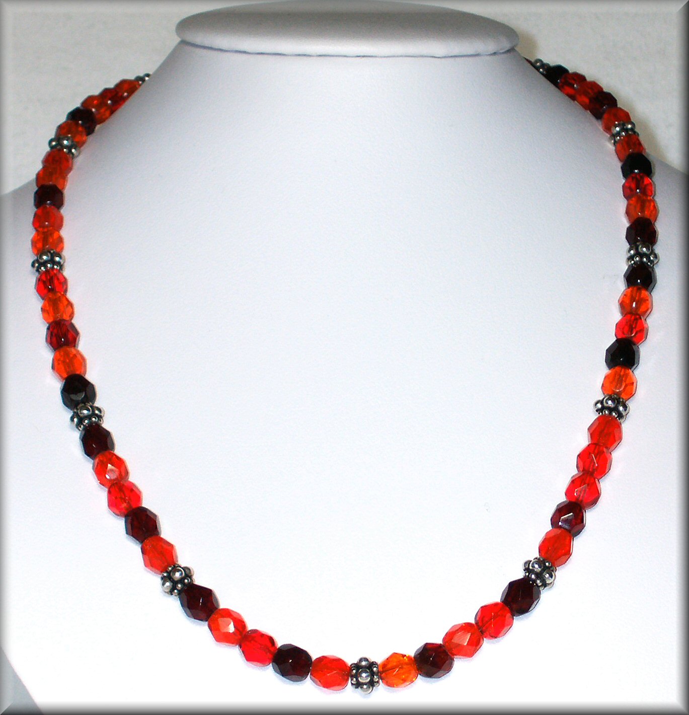 Shades of Red and Orange Czech Glass Necklace with Sterling Silver Bali Beads