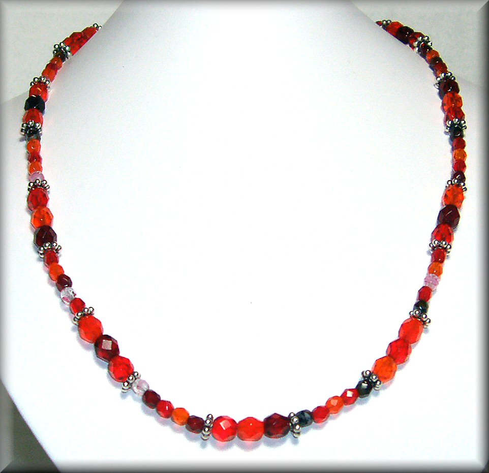 Shades of Red and Orange Czech Glass Necklace with Sterling Silver Bali Beads