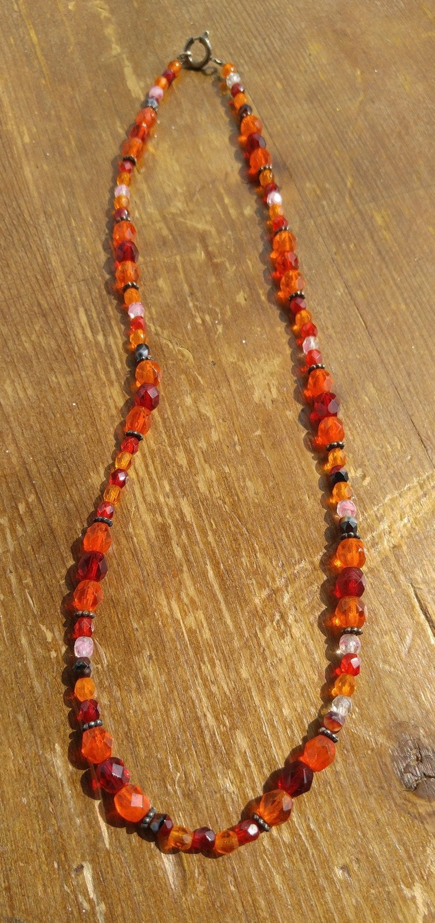 Shades of Red and Orange Czech Glass Necklace with Sterling Silver Bali Beads