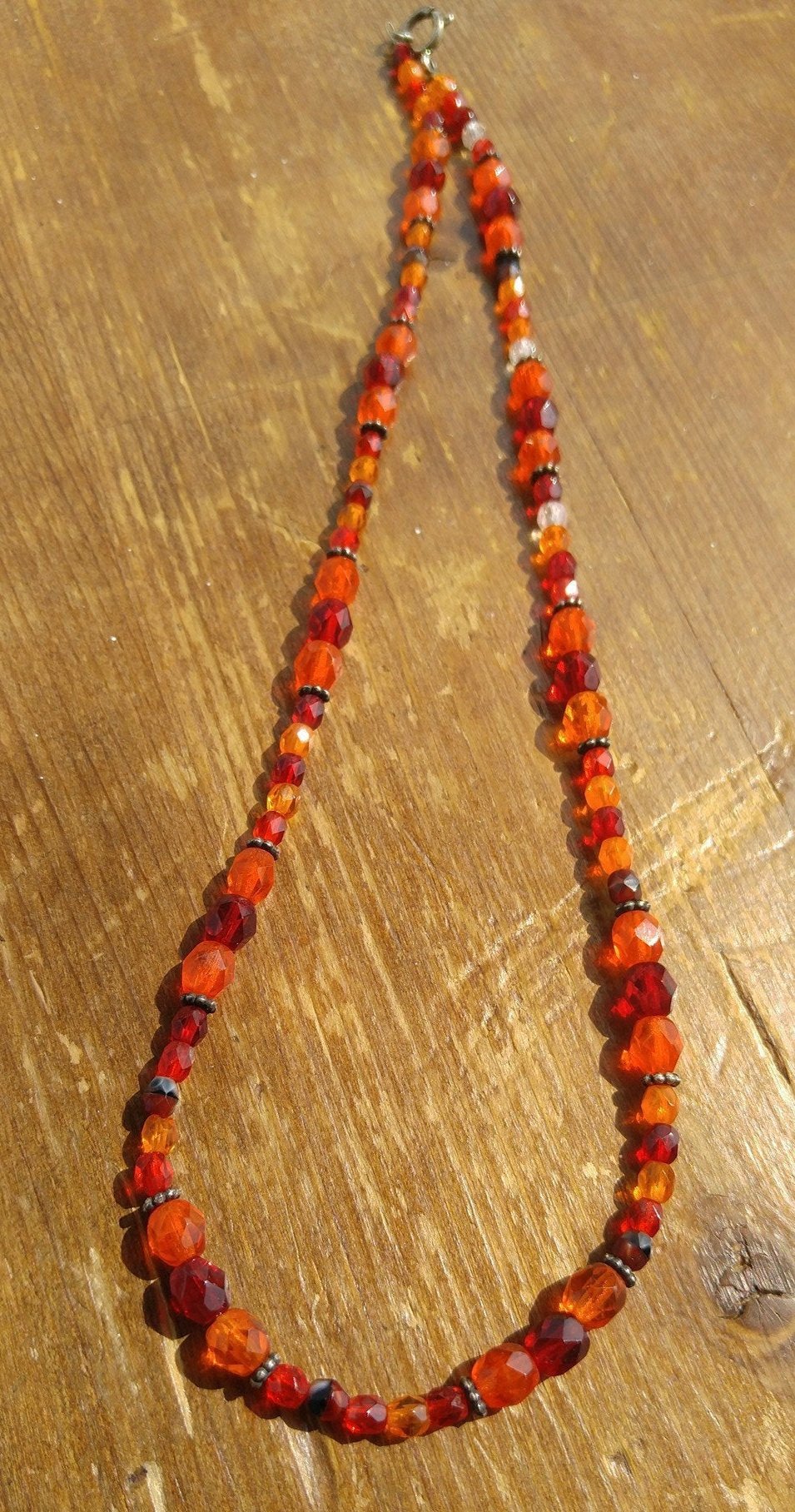 Shades of Red and Orange Czech Glass Necklace with Sterling Silver Bali Beads
