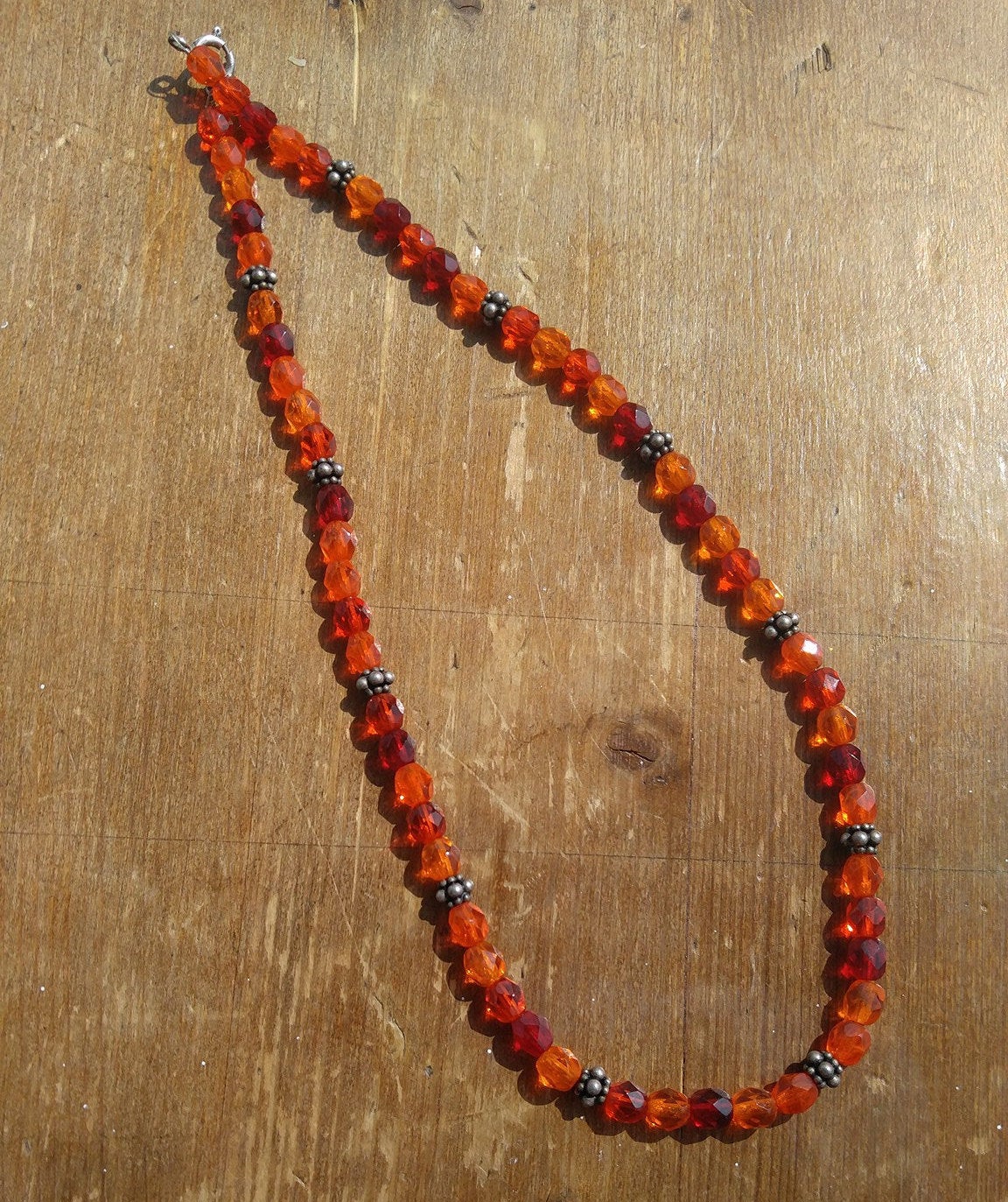 Shades of Red and Orange Czech Glass Necklace with Sterling Silver Bali Beads