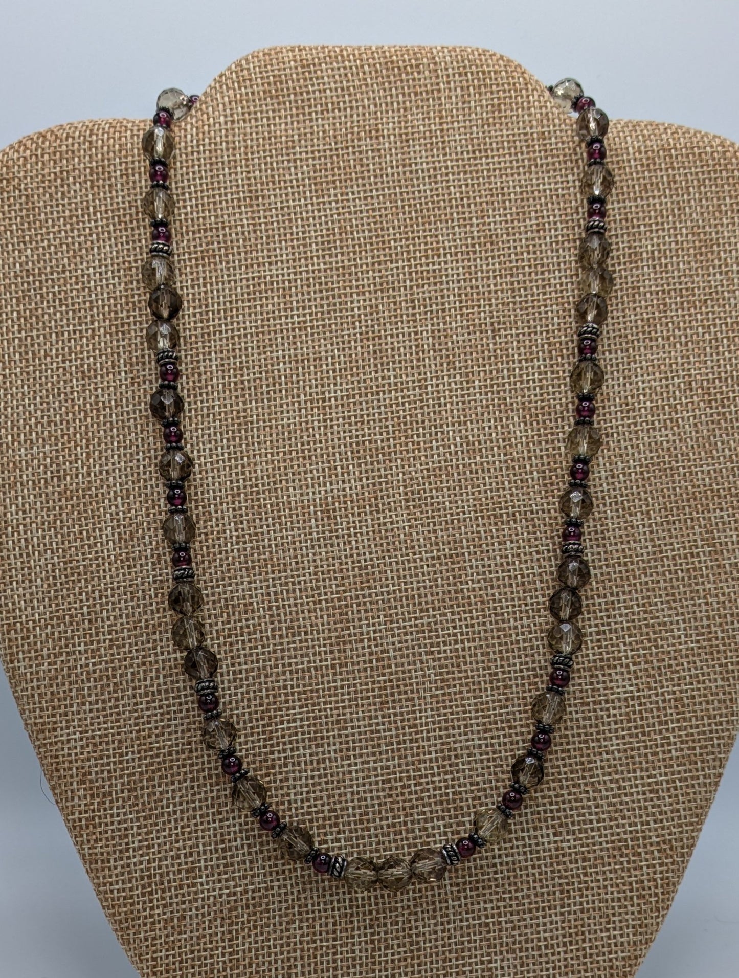 Smoky Quartz and Garnet Necklace with Sterling Silver Bali Beads