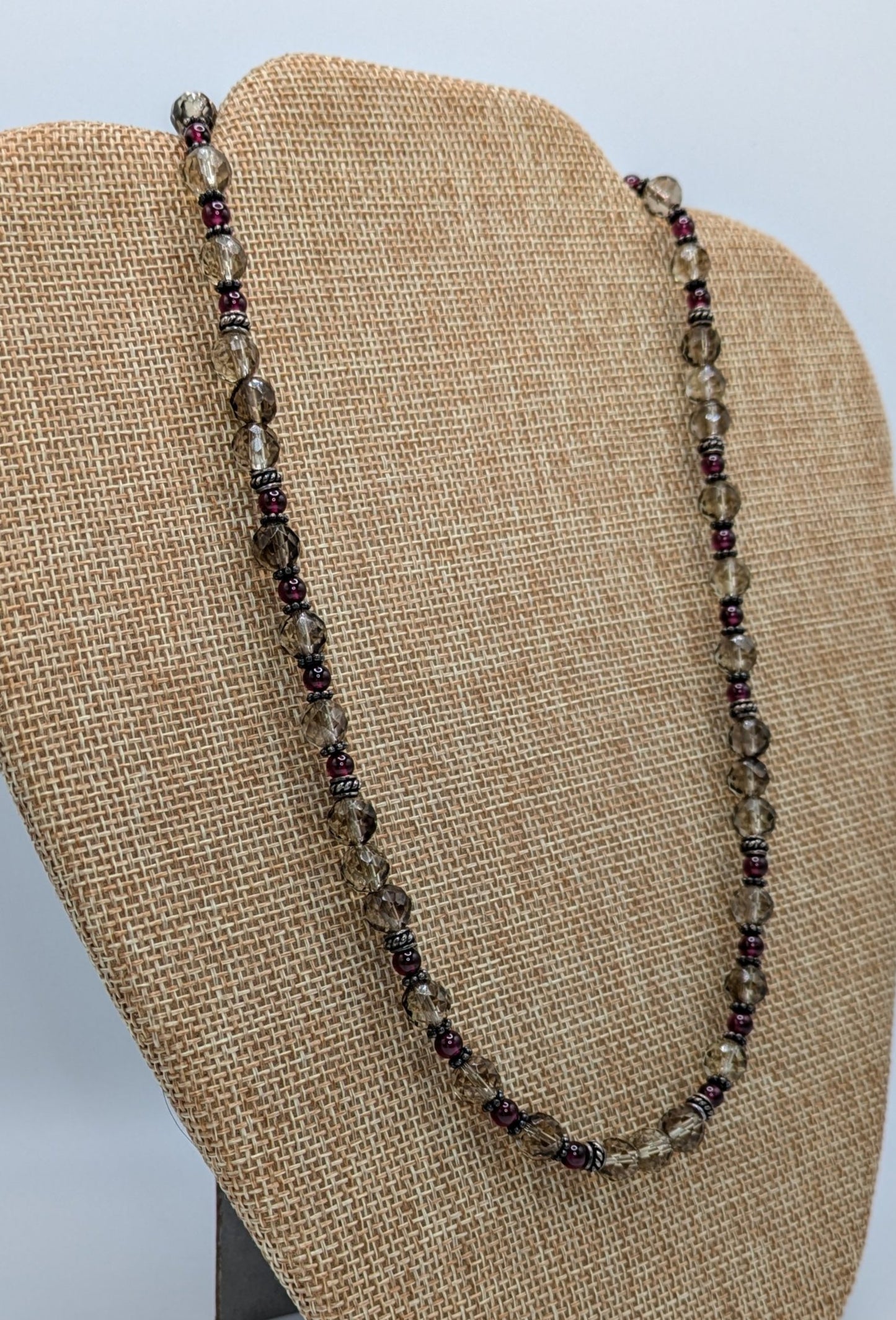Smoky Quartz and Garnet Necklace with Sterling Silver Bali Beads
