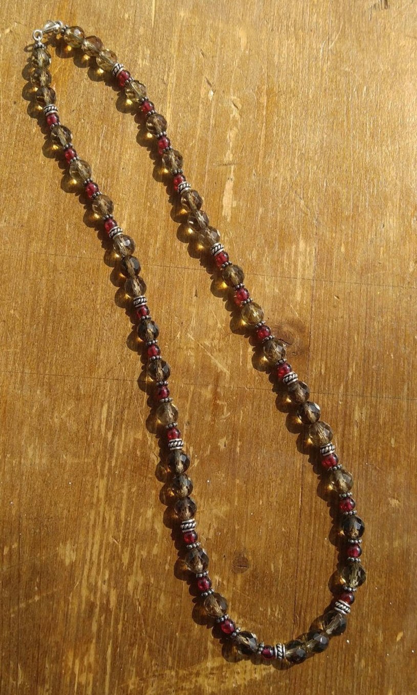 Smoky Quartz and Garnet Necklace with Sterling Silver Bali Beads