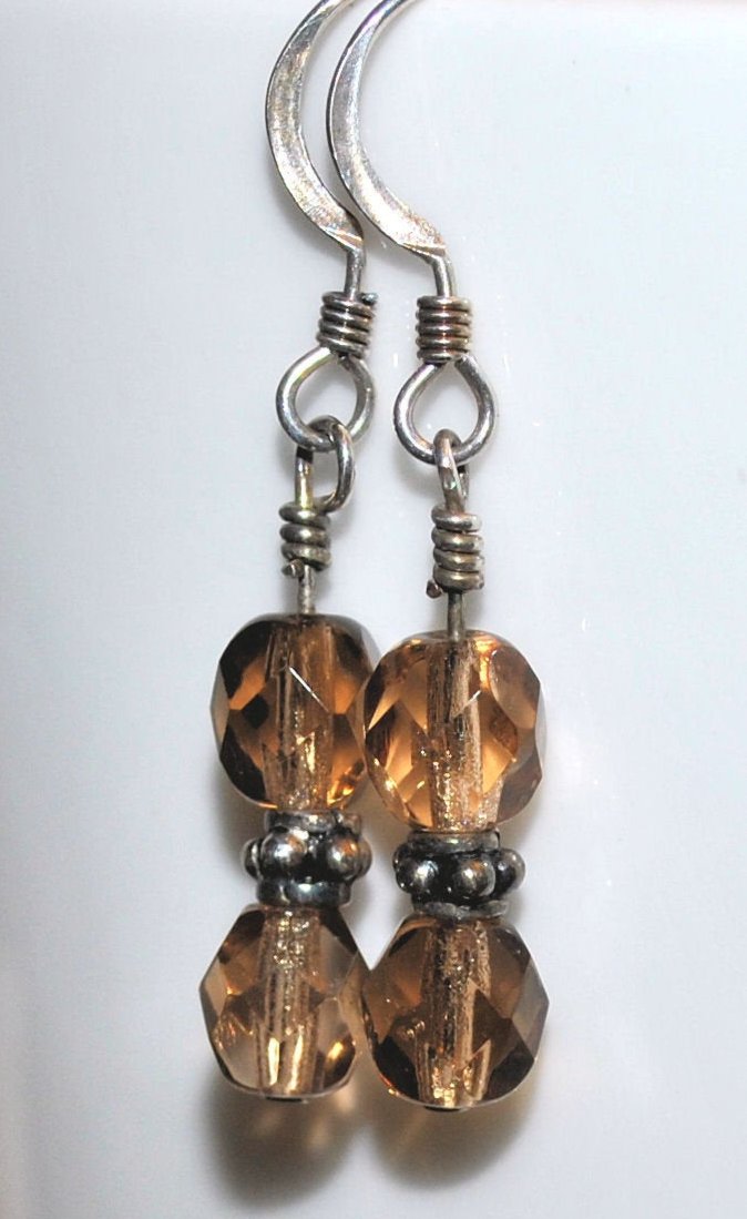 Smoky Beige Czech Glass Earrings with Sterling Silver Bali Beads