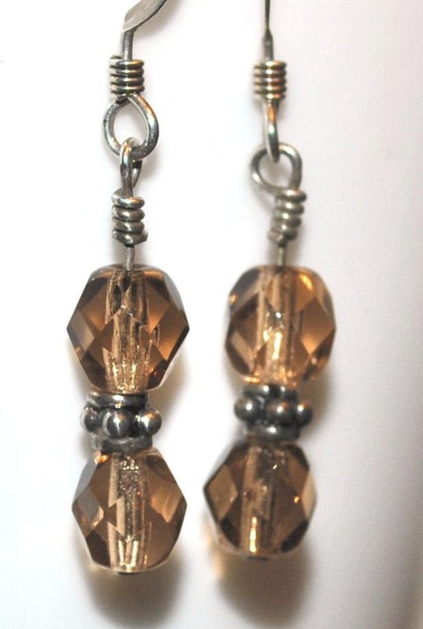 Smoky Beige Czech Glass Earrings with Sterling Silver Bali Beads