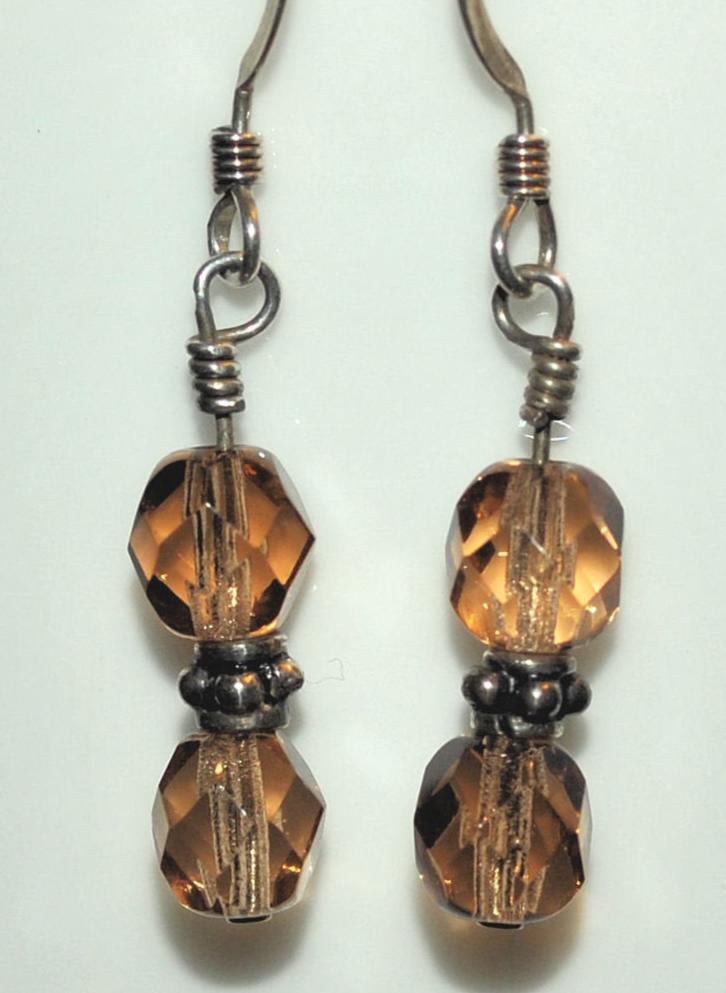 Smoky Beige Czech Glass Earrings with Sterling Silver Bali Beads