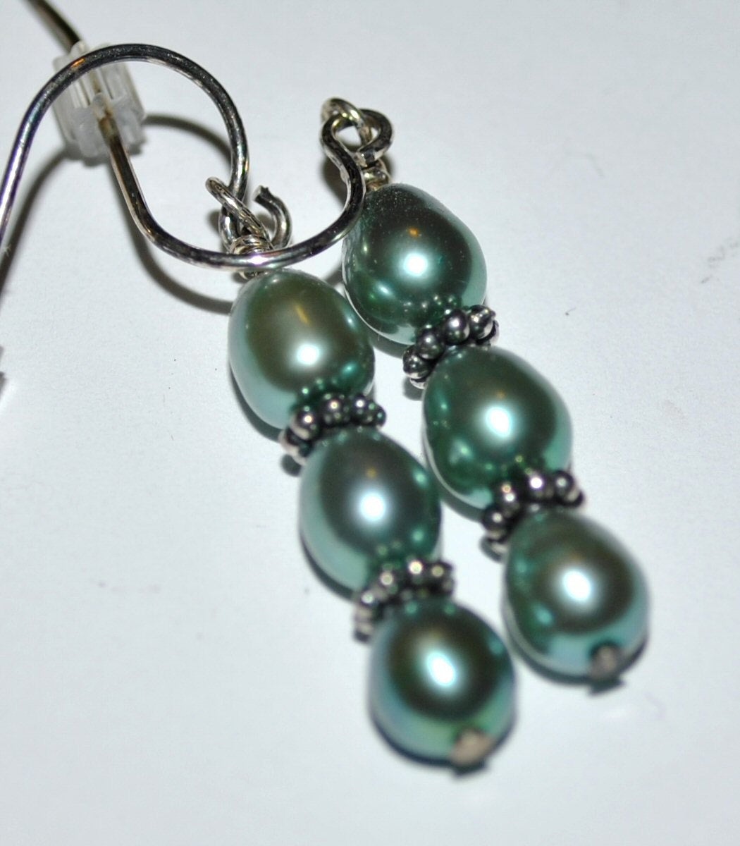 Teal Freshwater Pearl Earrings with Sterling Silver Bali Beads