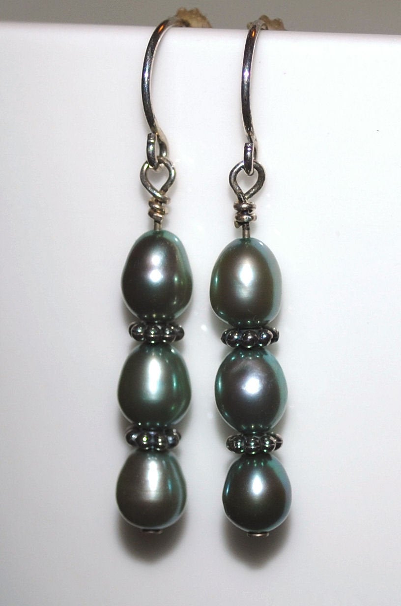 Teal Freshwater Pearl Earrings with Sterling Silver Bali Beads