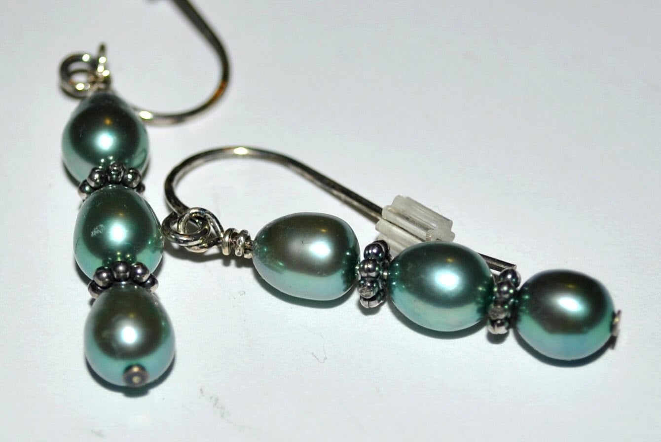 Teal Freshwater Pearl Earrings with Sterling Silver Bali Beads