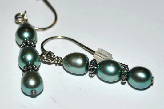 Teal Freshwater Pearl Earrings with Sterling Silver Bali Beads