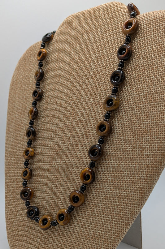 Tiger's Eye and Black Onyx Necklace with Sterling Silver Bali Beads