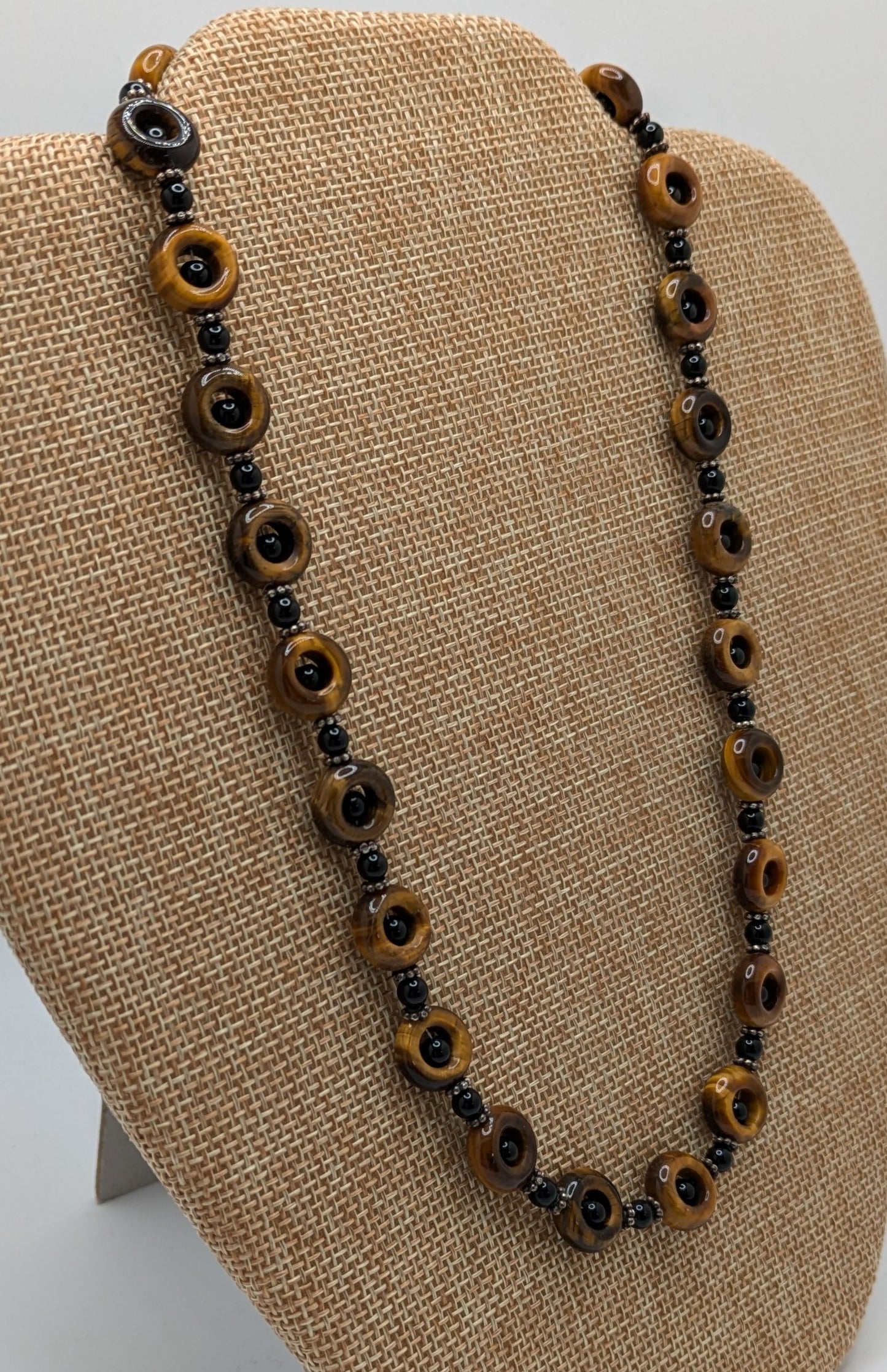 Tiger's Eye and Black Onyx Necklace with Sterling Silver Bali Beads