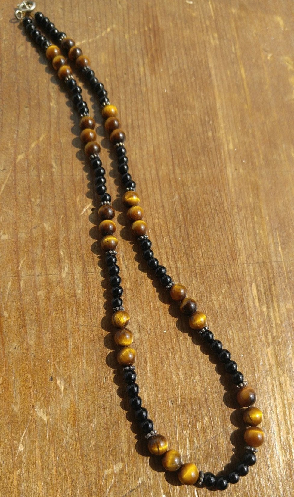 Tiger's Eye and Black Onyx Necklace with Sterling Silver Bali Beads