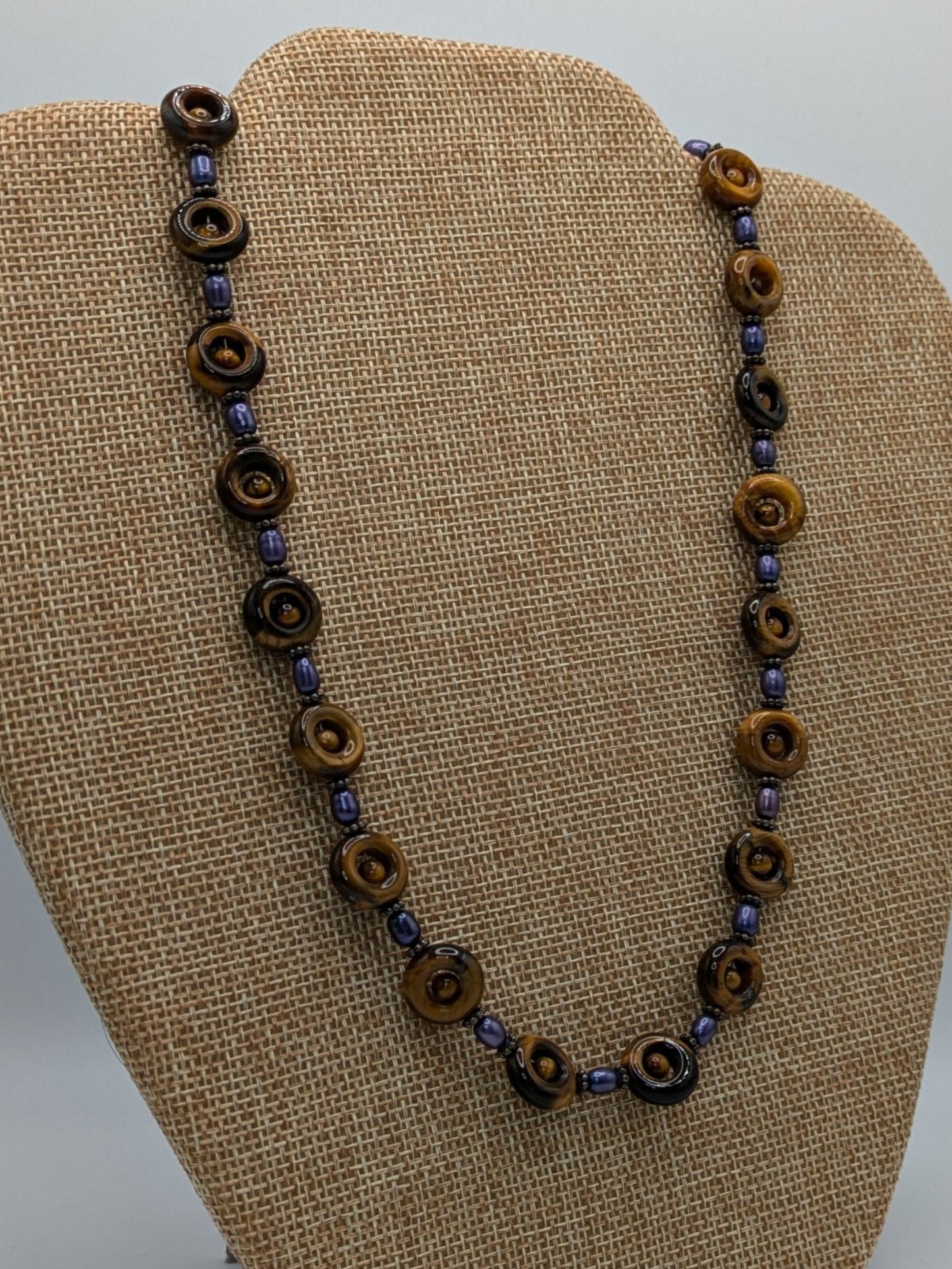 Tiger's Eye with Blue Freshwater Pearl Necklace