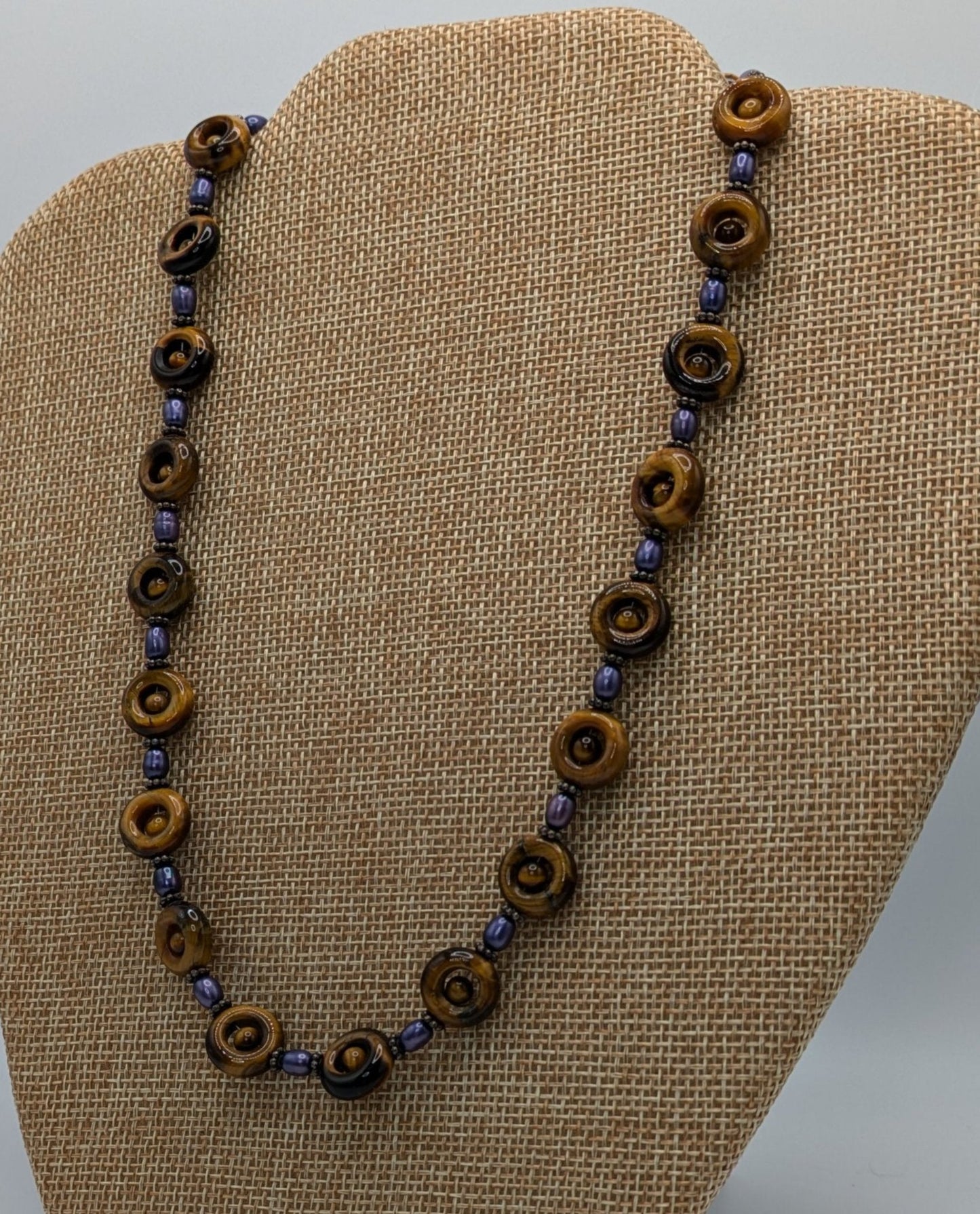 Tiger's Eye with Blue Freshwater Pearl Necklace