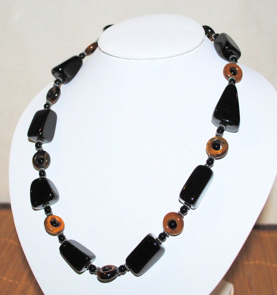 Black Onyx and Tiger's Eye Necklace with Sterling Silver Bali Beads