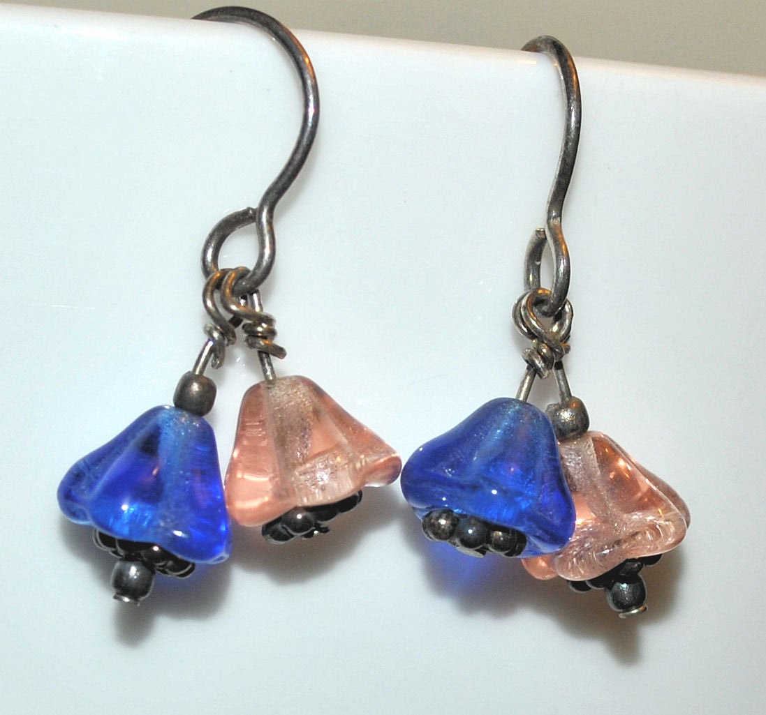 Pink and Blue Flower Earrings with Sterling Silver Bali Beads