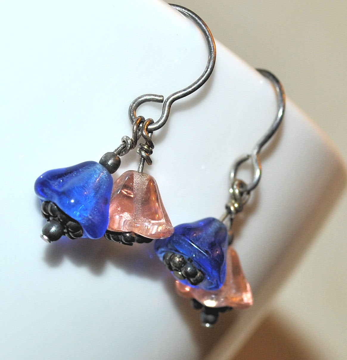 Pink and Blue Flower Earrings with Sterling Silver Bali Beads