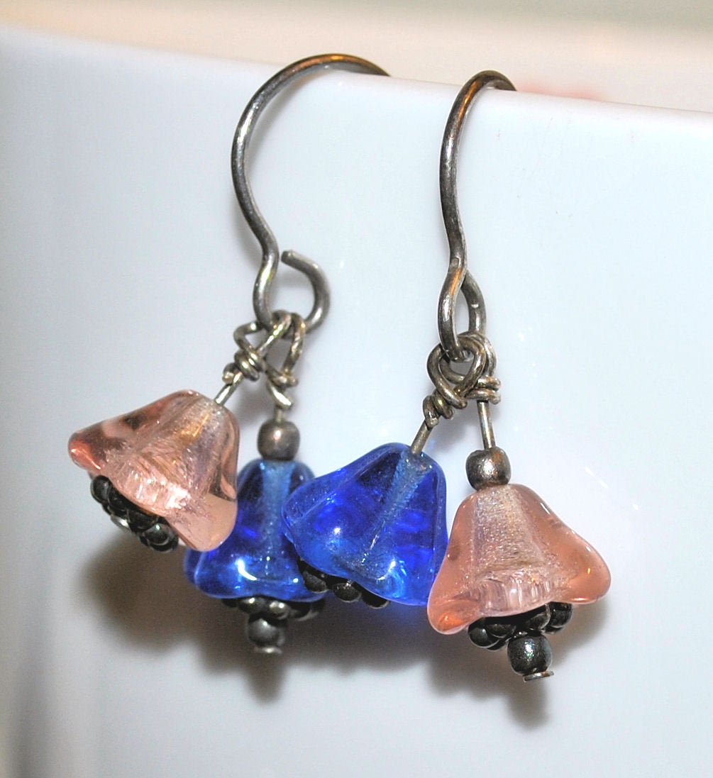 Pink and Blue Flower Earrings with Sterling Silver Bali Beads