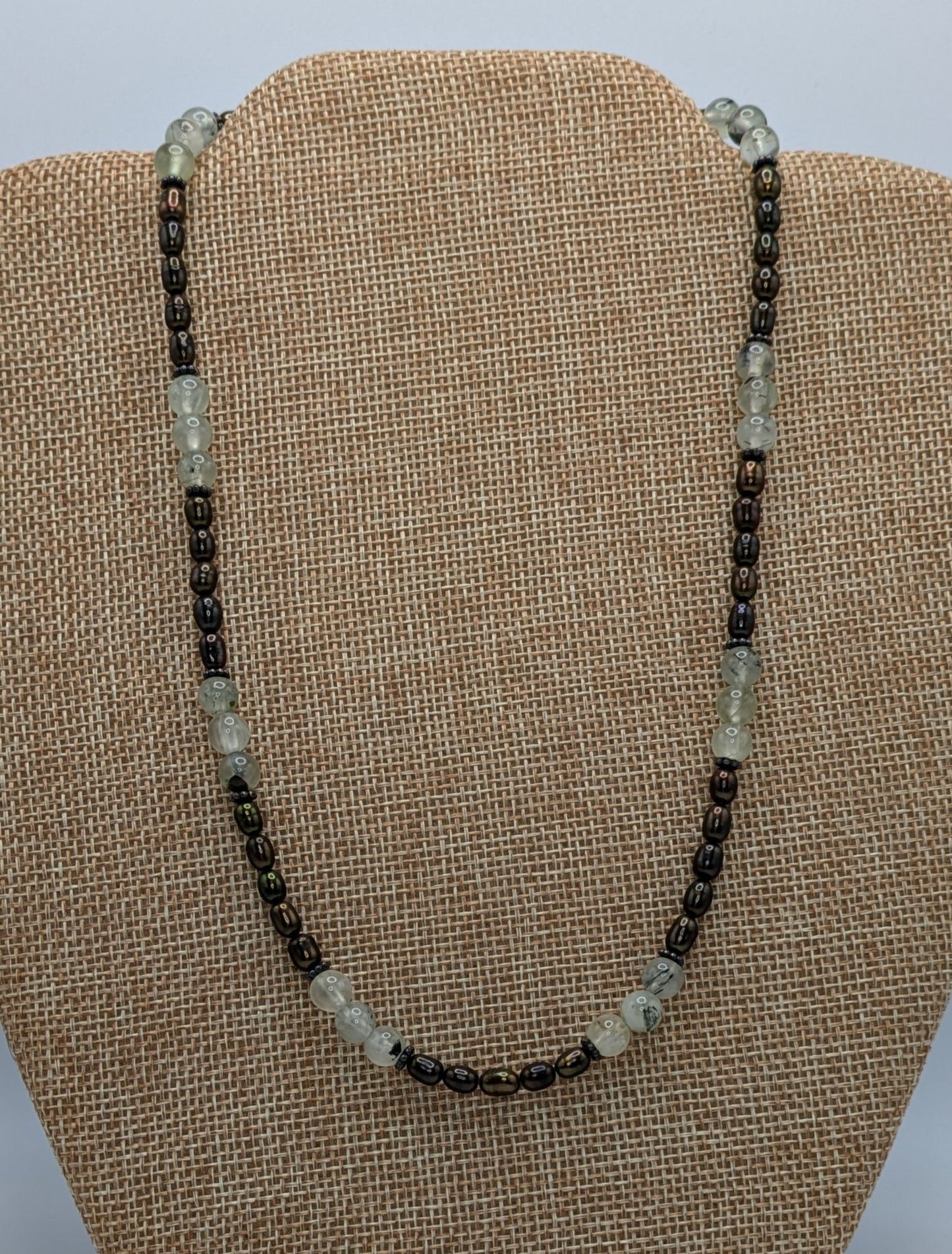Dark Olive Green Freshwater Pearls with Green Rutilated Quartz Necklace & Sterling Silver Bali Beads