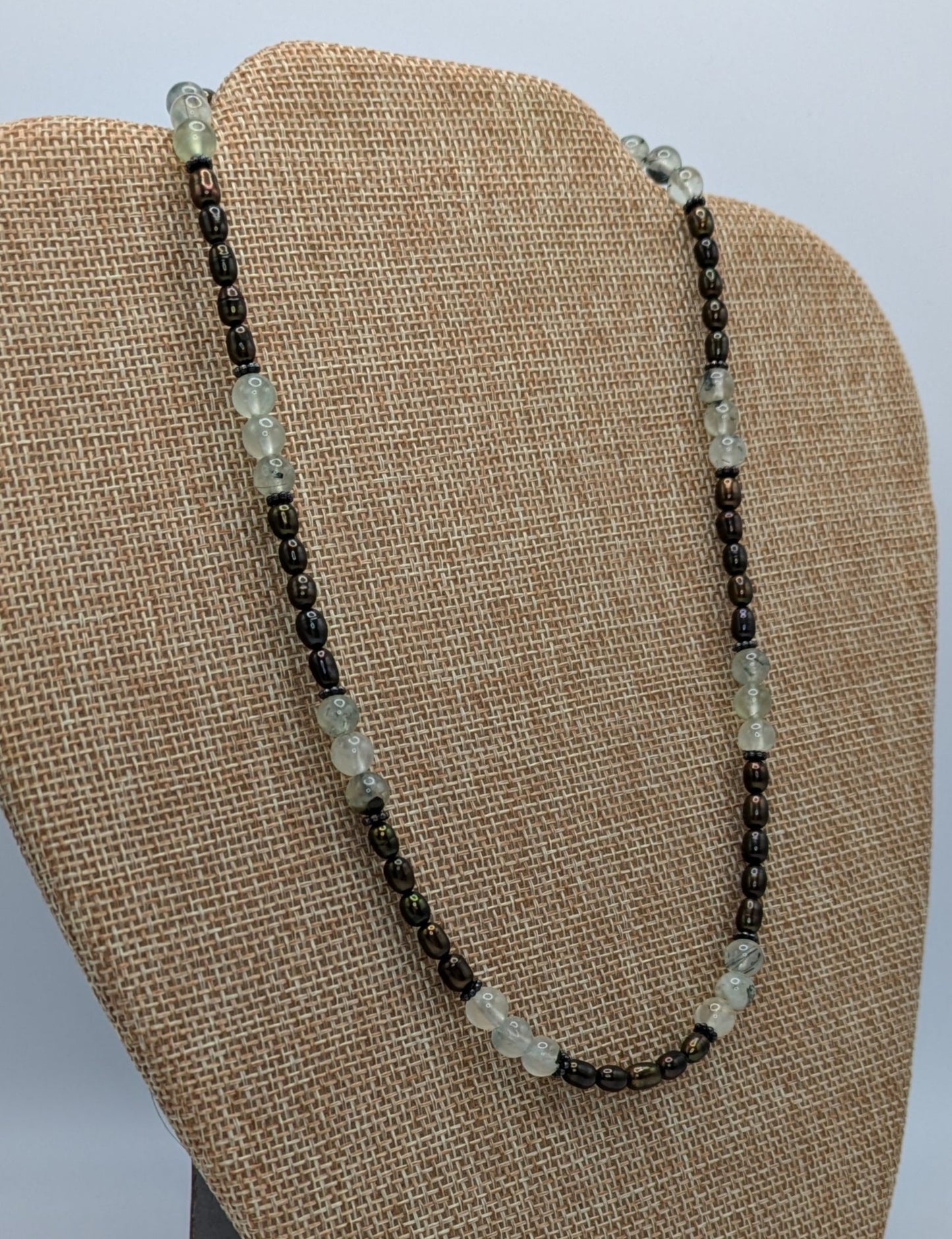 Dark Olive Green Freshwater Pearls with Green Rutilated Quartz Necklace & Sterling Silver Bali Beads