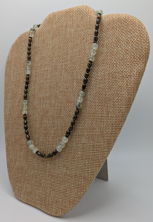 Dark Olive Green Freshwater Pearls with Green Rutilated Quartz Necklace & Sterling Silver Bali Beads