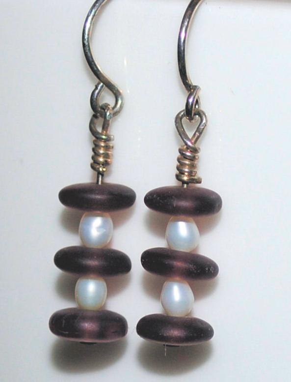 White Freshwater Pearl and Dark Purple Frosted Czech Glass Dangle Earrings