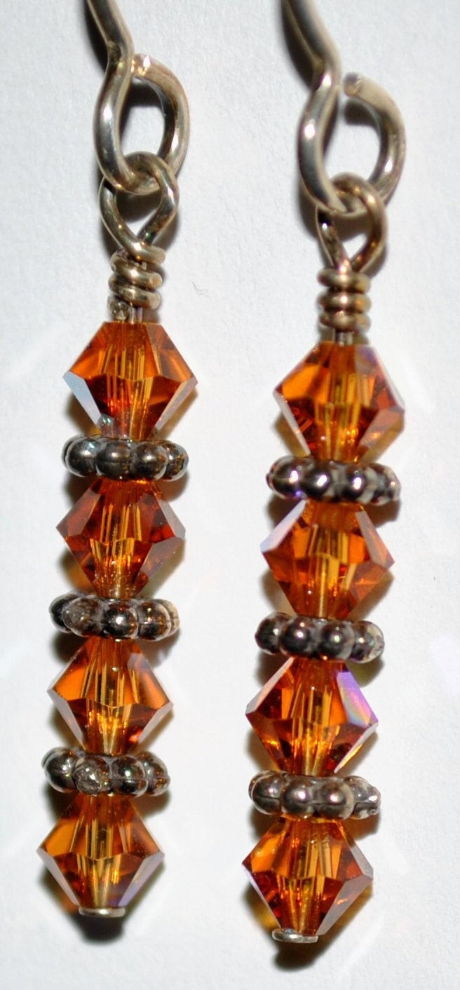 Golden Amber Swarovski Earrings with Sterling Silver Daisy Bali Beads