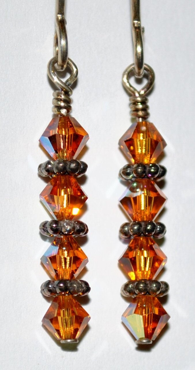 Golden Amber Swarovski Earrings with Sterling Silver Daisy Bali Beads