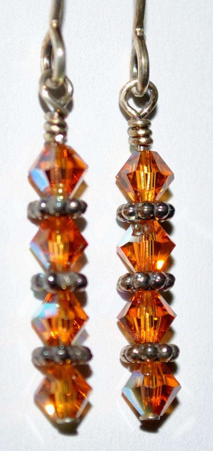 Golden Amber Swarovski Earrings with Sterling Silver Daisy Bali Beads