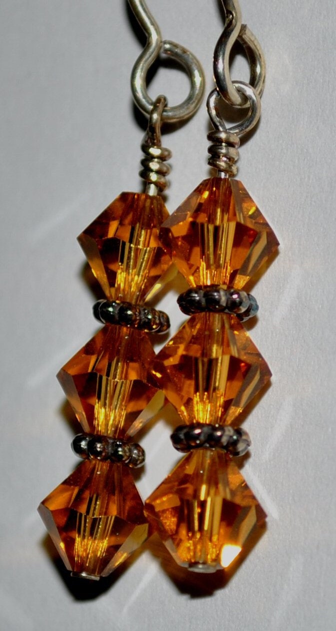 Golden Amber Swarovski Earrings with Sterling Silver Daisy Bali Beads