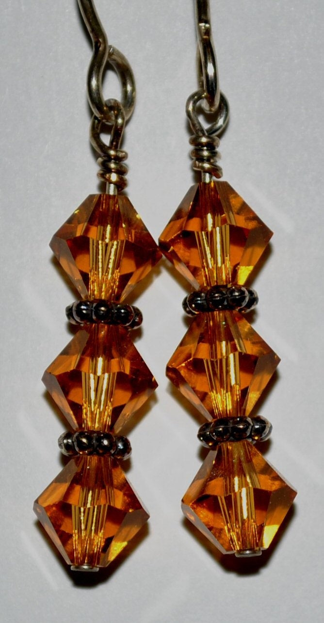 Golden Amber Swarovski Earrings with Sterling Silver Daisy Bali Beads