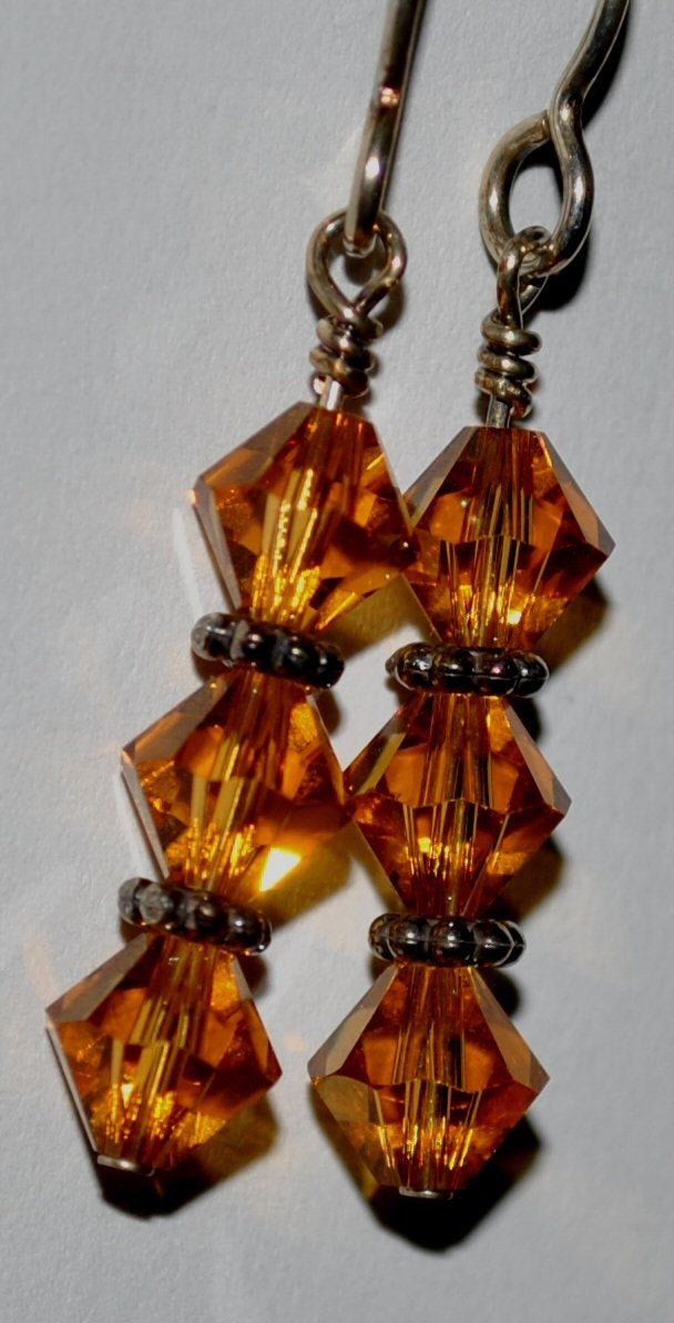 Golden Amber Swarovski Earrings with Sterling Silver Daisy Bali Beads