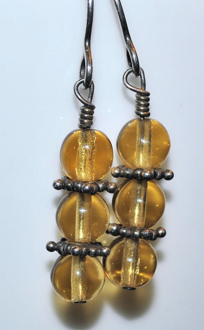 Golden Yellow Czech Glass Earrings with Sterling Silver Bali Beads