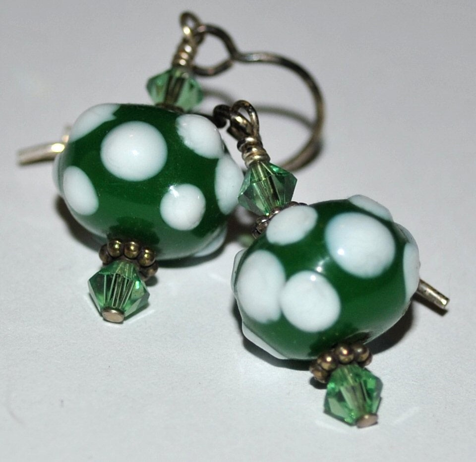 Green and White Polka Dot Lampwork Earrings