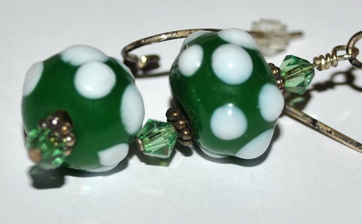 Green and White Polka Dot Lampwork Earrings