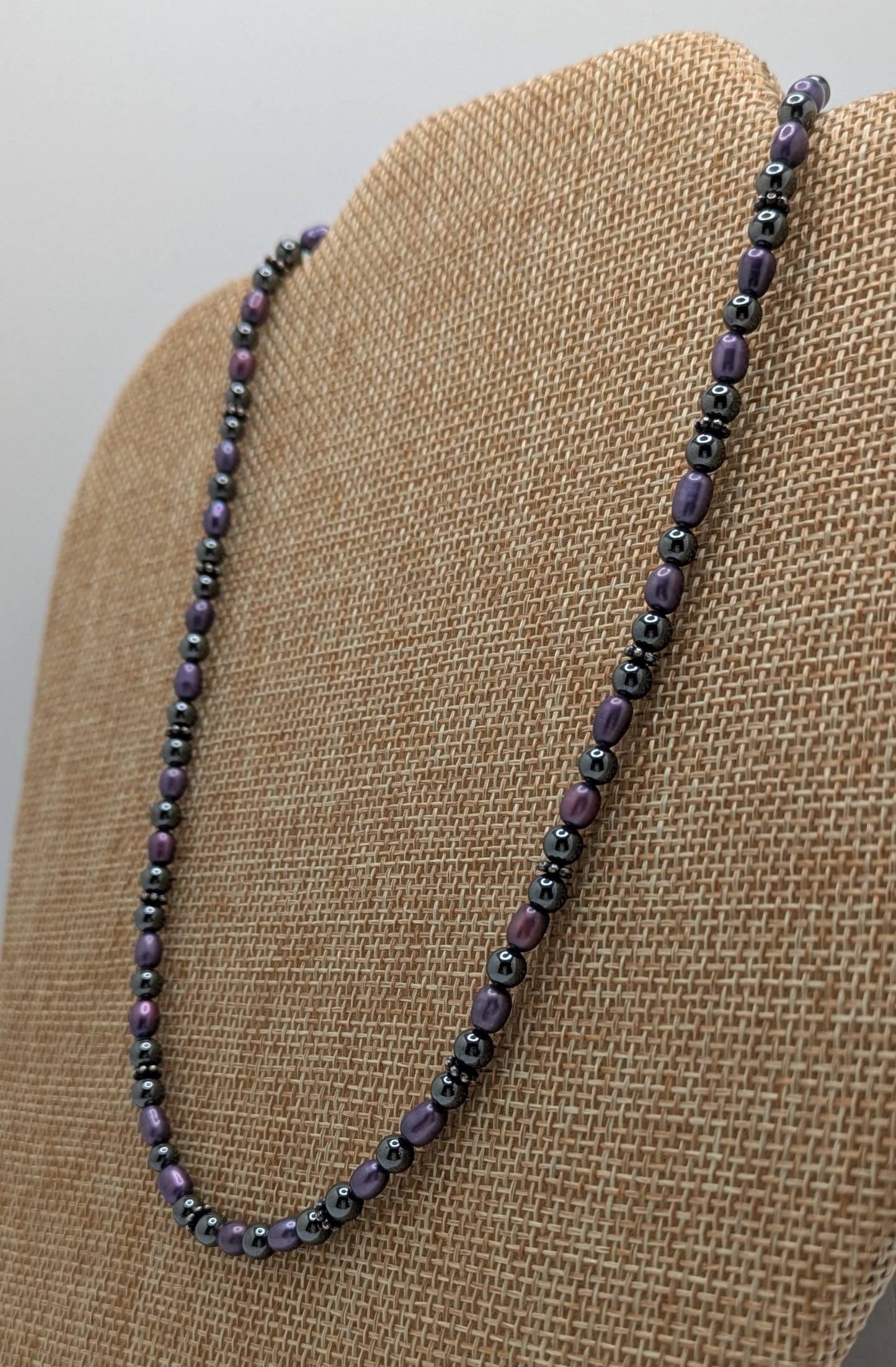 Hematite and Blue Freshwater Pearl Necklace with Sterling Silver Bail Beads