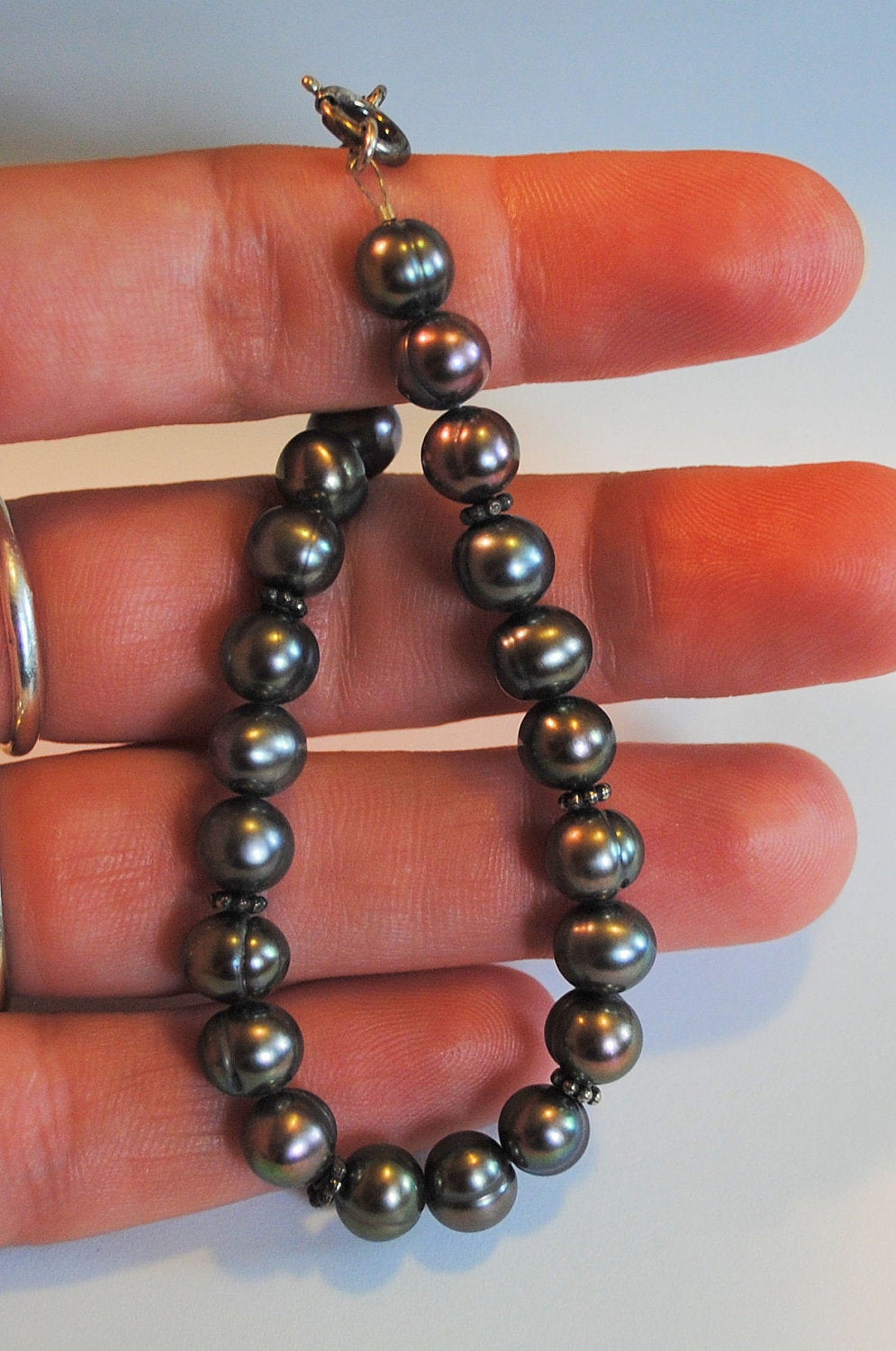 Peacock Pearl Bracelet with Sterling Silver Bali Beads