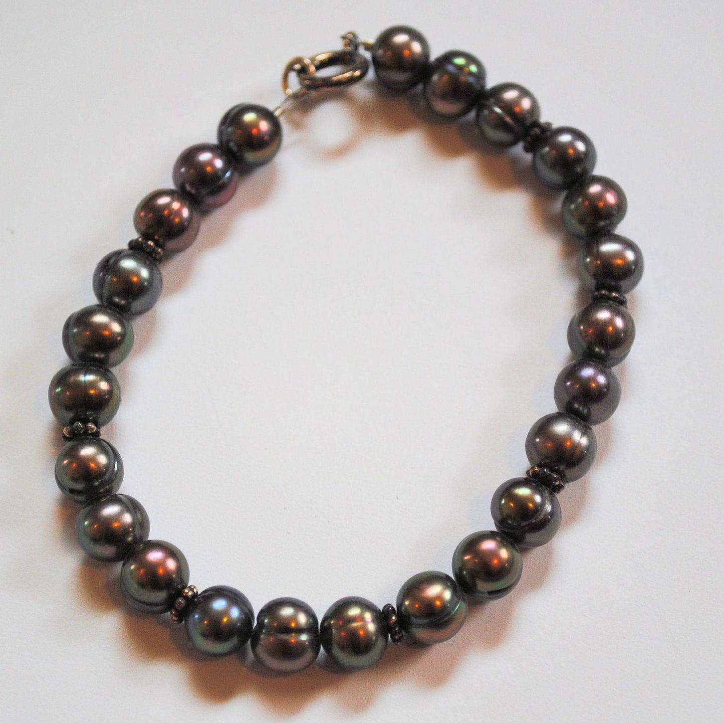 Peacock Pearl Bracelet with Sterling Silver Bali Beads