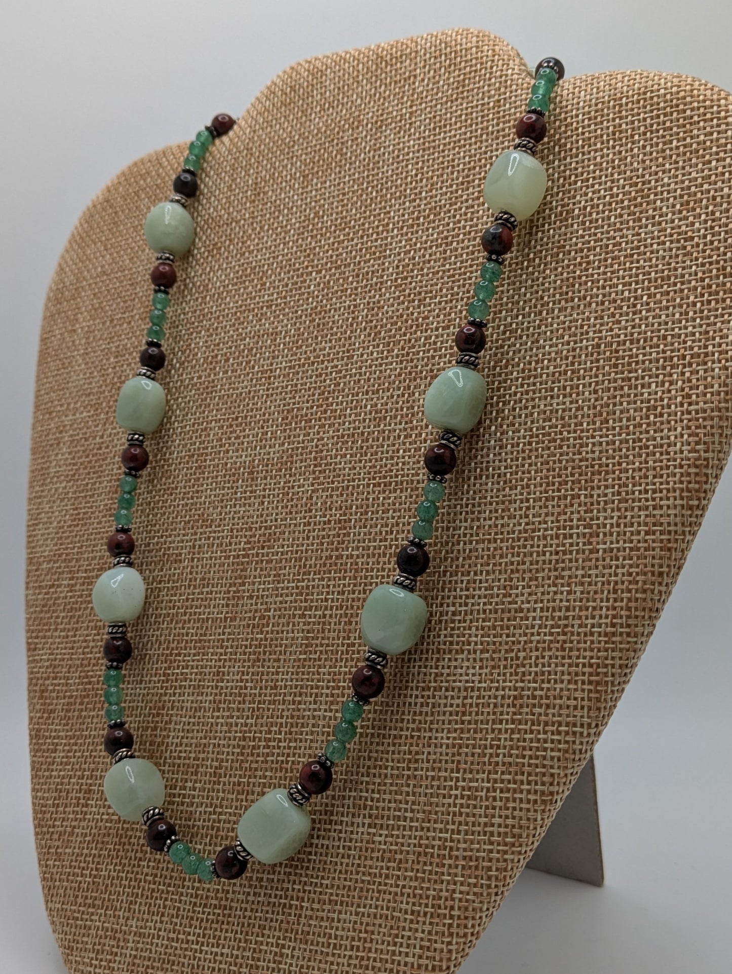 Serpentine, Aventurine, and Poppy Jasper Necklace with Sterling Silver Bali beads