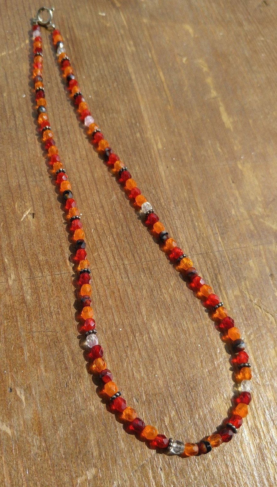 Shades of Red and Orange Czech Glass Necklace with Sterling Silver Bali Beads