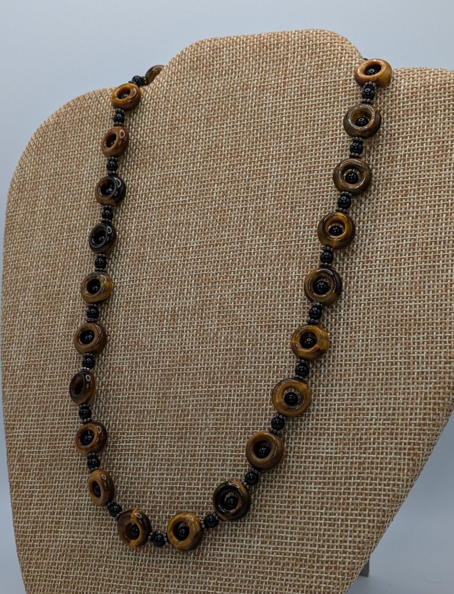Tiger's Eye and Black Onyx Necklace with Sterling Silver Bali Beads