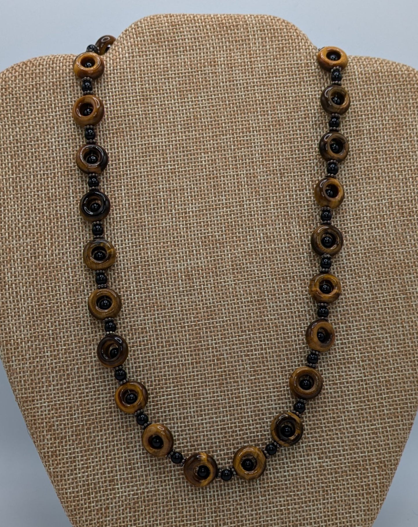 Tiger's Eye and Black Onyx Necklace with Sterling Silver Bali Beads