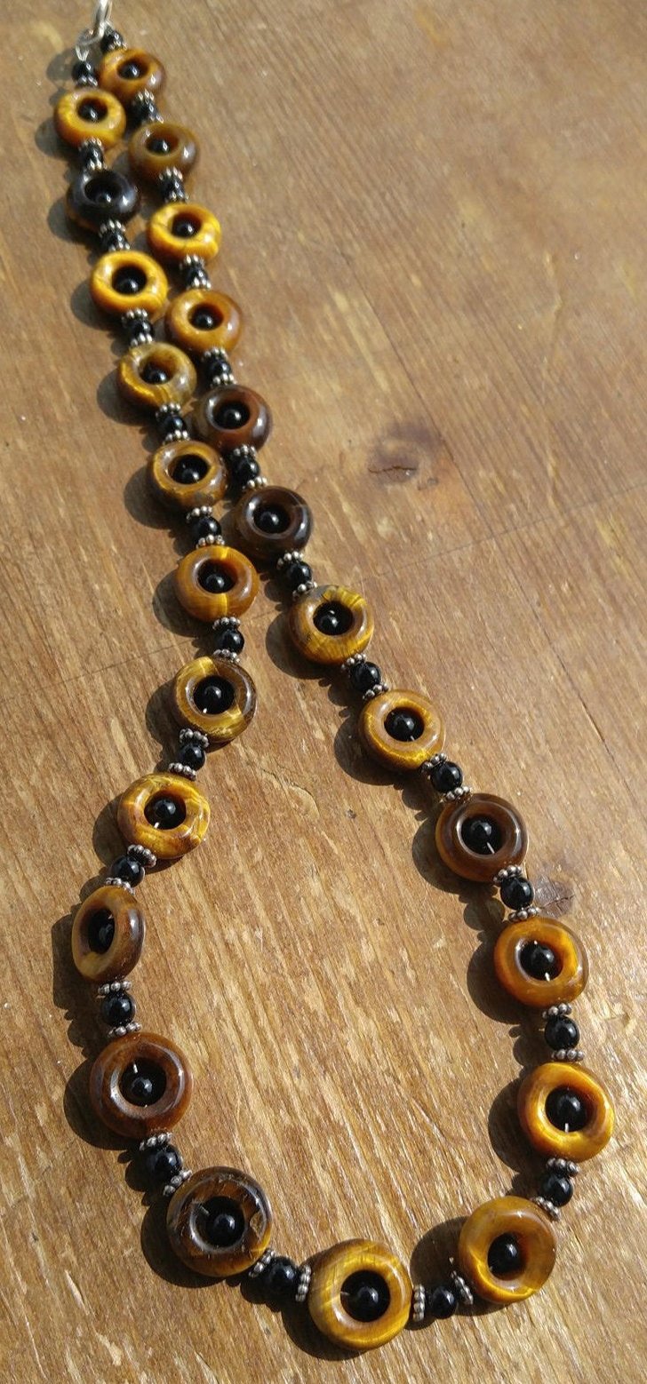 Tiger's Eye and Black Onyx Necklace with Sterling Silver Bali Beads